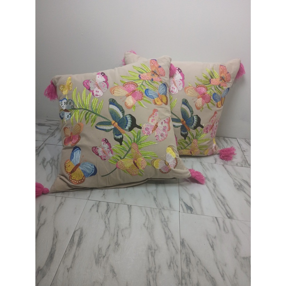 Magaschoni Home Embroidered Butterfly Throw Pillows Set of 2 Beige Pink Tassels